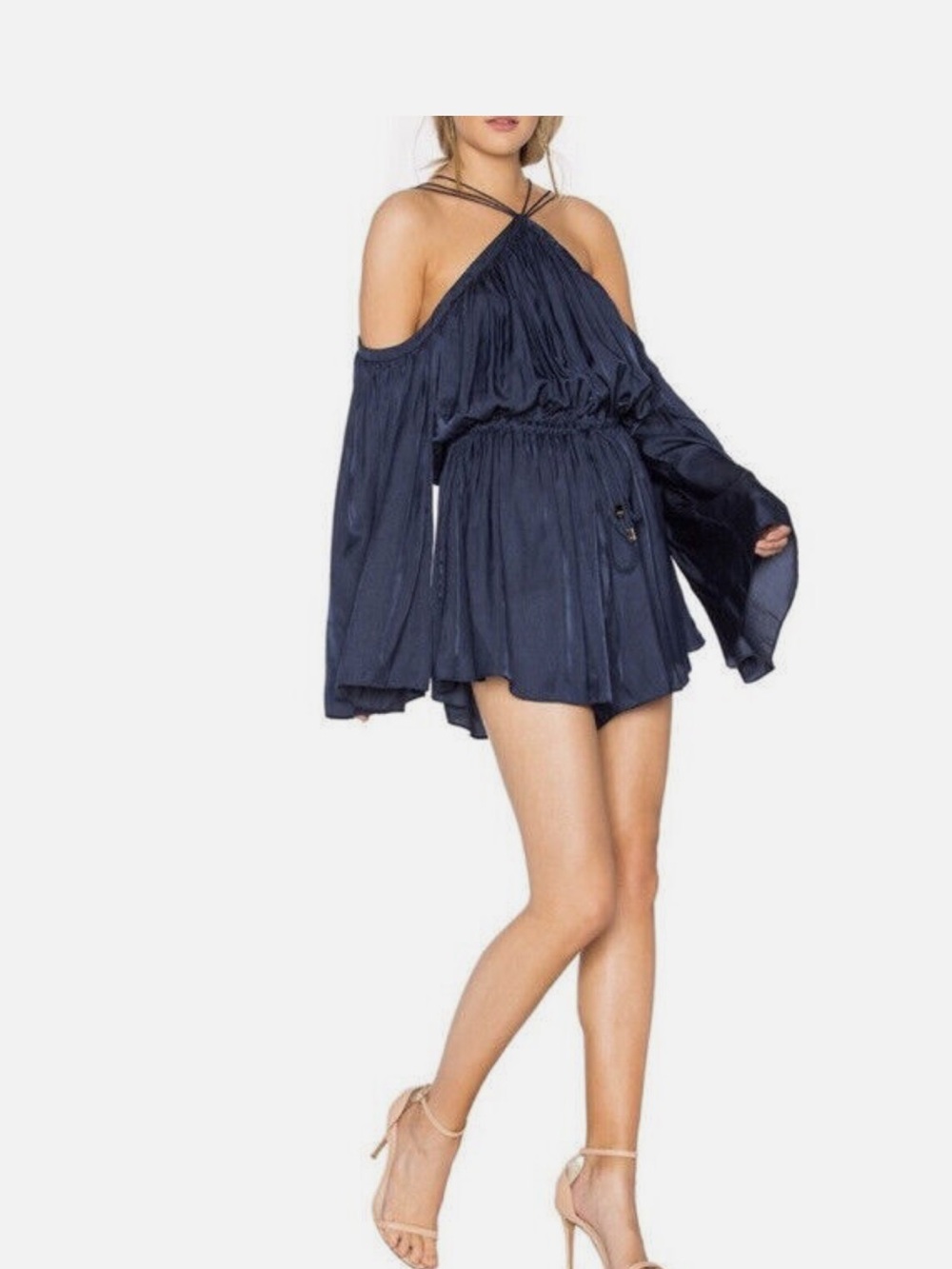 Navy Cold-Shoulder Halter Romper
